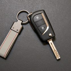 Hybrid key car with blank label on black wooden table